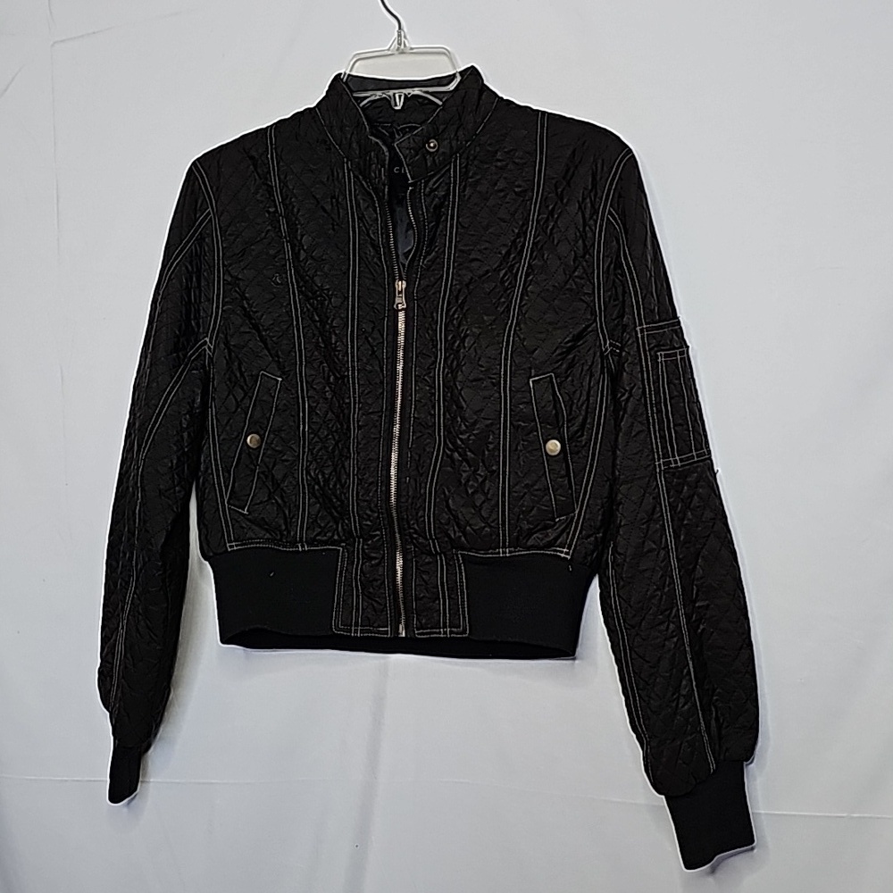 Clique crop cropped moto motorcycle quilted bomber style black jacket sz Medium